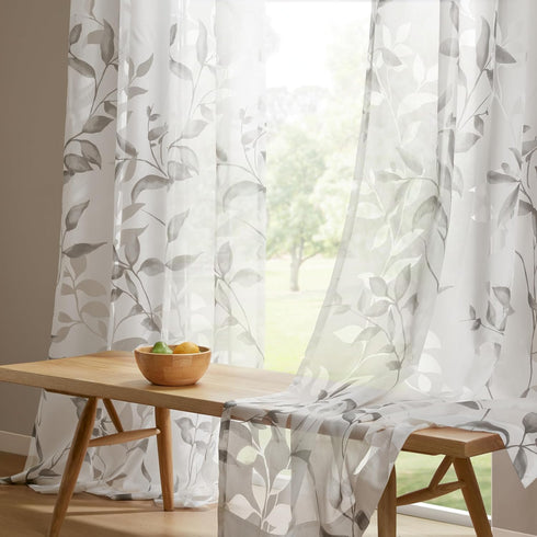 Madison Park Cecily Semi Sheer SINGLE Panel Window Curtain - 50x84", Burnout Botanical Print, Leaves Grey (Pack of 1)