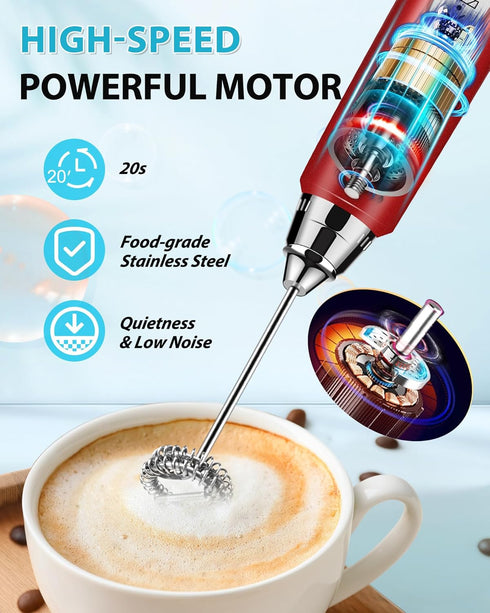 Milk Frother with Stand, Rechargeable Handheld Frother Wand, 3 Speed Adjustable, Electric Whisk Drink Mixer for Matcha