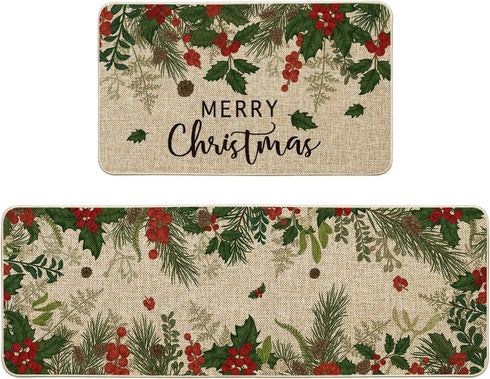 Artoid Mode Leaves Holly Merry Christmas Kitchen Mats - Set of 2 Low-Profile Winter Decor Rugs for Floor