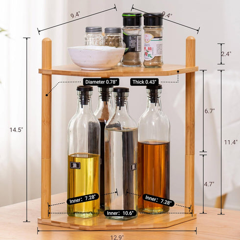 2-Tier Counter (1, 11.4" Expandable Bamboo Corner Shelf - Dish/Plate Organizer for Cabinet, Kitchen Shelf & Small