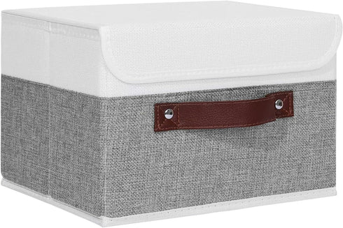 ANMINY Storage Boxes with Lids, Washable Decorative Bins with PU Leather Handle, Gray White, Small