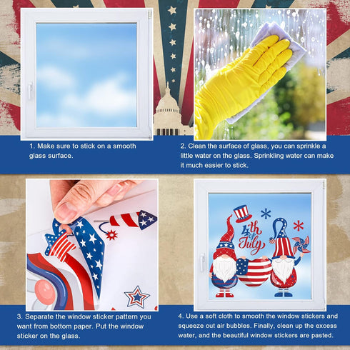 138Pcs Patriotic Window Clings, 4th of July Gnome American Flag Firework Decals, Red Blue Star Stripe Double-Sided PVC