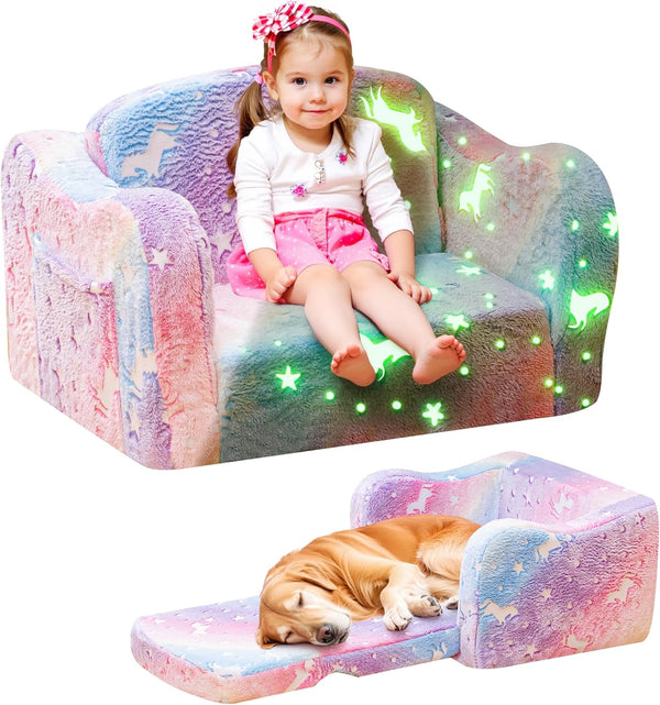 Lamerge 2-in-1 Toddler Couch,Glow in The Dark Baby Floor Bed,Foldable Toddler Chair