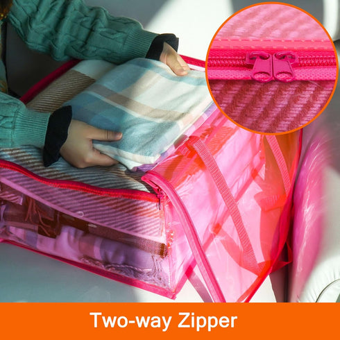Vieshful 3 Pack Pink 40L Clear Clothes Storage Bag with Zipper for Comforter, Blanket, Bedding, Duvet, Transparent Totes