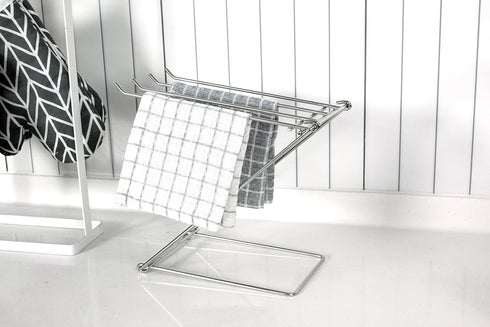 Stainless Steel Washcloth Holder - 4 Arms Folding Towel Drying Rack for Kitchen Countertop, Bathroom, Silver