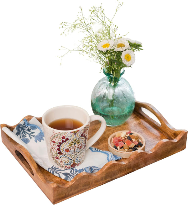 Mela Artisans Ottoman Wooden Serving Tray | Large, Scallop White Burnt |