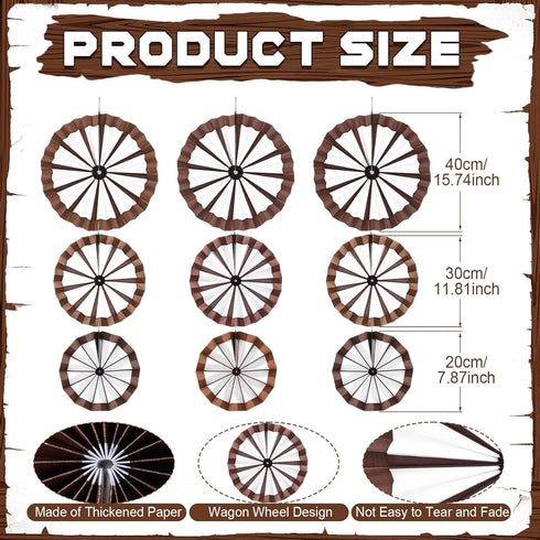 Outus 9 Pcs Wagon Wheel Decorations Paper Fans Wooden Wagon Wheels Wall Decor Western Hanging Paper Fans for Wild West Western Cowboy Themed Classroom Party Decorations