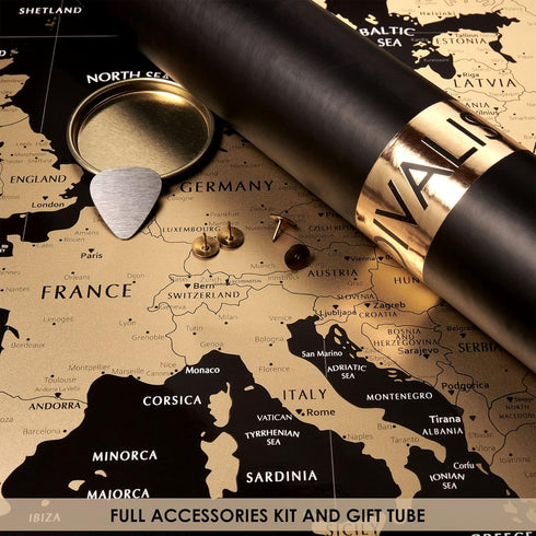 Scratch off Map of Europe, 24x16 Travel Map Poster with Cities, Large Black and Gold Push Pin Wall Map