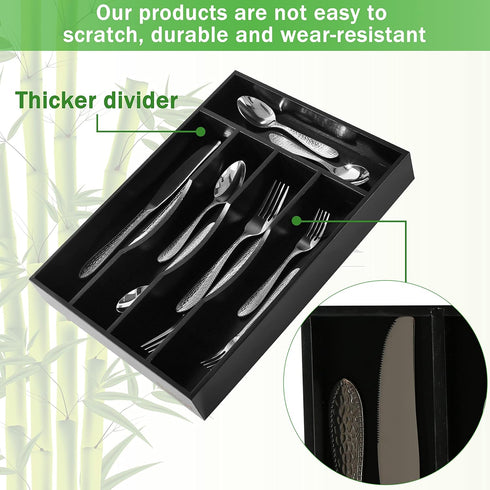 Black Bamboo Silverware Organizer - 10 In Utensil Tray for Kitchen Drawer, Cutlery Flatware Organizer