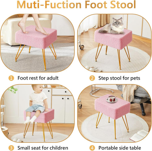 4 Teddy Velvet Stool Chair, Footrest Footstool Ottoman, Small Side Table, with Metal Legs, Step Modern Stool, Anti-Slip