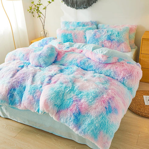 Set 2-Piece Set (1 1 Cozy Set Besfunny Shaggy Fluffy Tie Dye Light Blue Comforter Cover Twin Faux Fur Shaggy Tie Dye