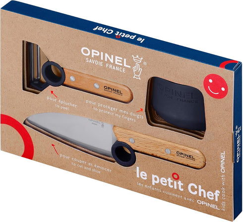 Opinel Le Petit Chef Kitchen Knife Set for Children, 3 Pieces in Blue, Chef's Knife, Finger Guard, Peeler