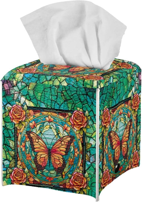Waterproof Square Butterfly Rose Print Tissue Case Cover, Foldable Kleenex Box for Home Office, Green