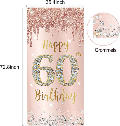 60th Birthday Door Banner Decorations for Women, Pink Rose Gold Happy 60th Birthday Poster Sign Decor