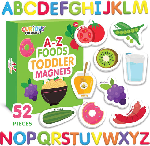 Curious Columbus Toddler Magnets Set of 52, Includes 26 Large Foam Food Pieces and 26 ABC Alphabet Letters