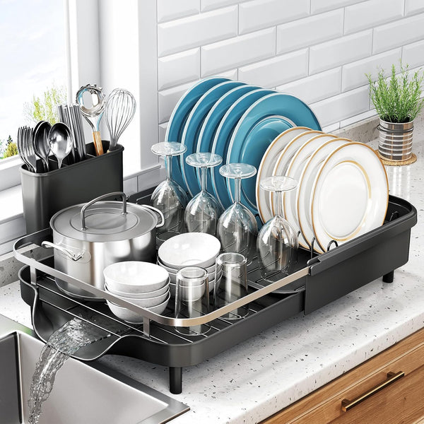 Dish Drying Rack - Expandable Stainless Steel Dish Rack with Drainboard Set and Utensil Holder, Black