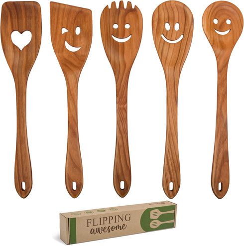 MFC 5-Piece Wooden Cooking Spoons Set, Natural Cherry Wood Kitchen Utensils with Smiley Faces for Cooking