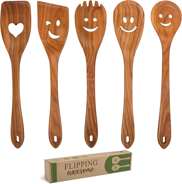 MFC 5-Piece Wooden Cooking Spoons Set, Natural Cherry Wood Kitchen Utensils with Smiley Faces for Cooking