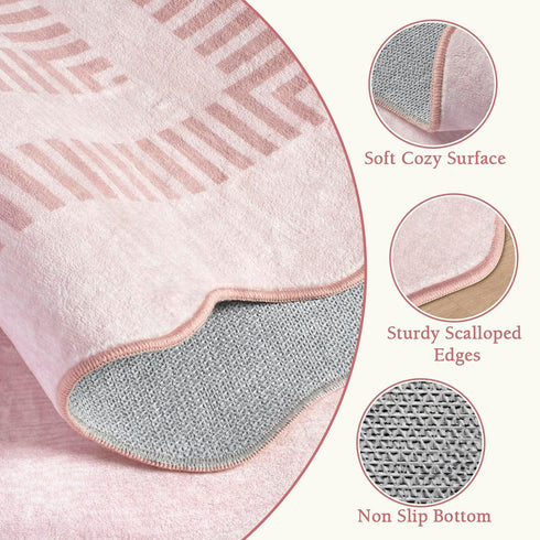 5ft Washable Area Rugs for Living Room, Solid Pink Non Slip Rugs for Bedroom Girls, Stain Resistant Scalloped Soft