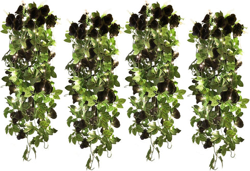RECUTMS 4 Pieces Artificial Hanging Rose Flower 3.3Ft with 30 LED Fairy String Lights for Indoor Outdoor Wedding (Black)