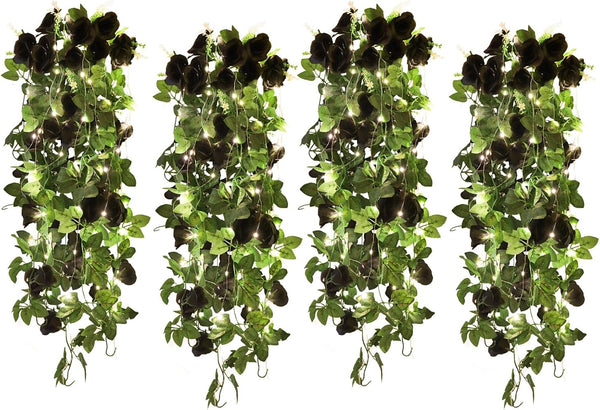 RECUTMS 4 Pieces Artificial Hanging Rose Flower 3.3Ft with 30 LED Fairy String Lights for Indoor Outdoor Wedding (Black)