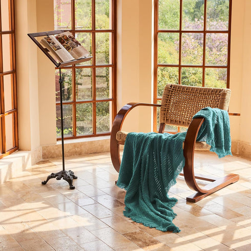 lifein Fall Throw Blanket for Couch, Soft Boho Knitted Teal Waffle Throw, Lightweight Blanket for Autumn Home Decor