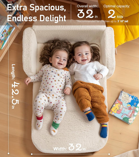 2-in-1 3+, Sherpa Fold Out Kids Couch, Extra Wide Comfy Toddler Chair, Convertible Kids Sofa to Lounger, Foldable