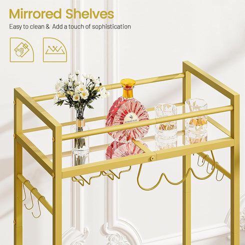 2 Bar Cart, Serving Cart for Home, Microwave Cart, Drink Cart, Wine Cart with Mirrored Shelves, Wine Holders, Glass