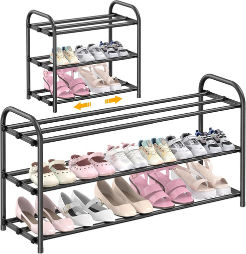 Hleelomi 3-Tier Expandable Shoe Rack,Adjustable Shoe Shelf Storage Organizer Heavy Duty Metal Free