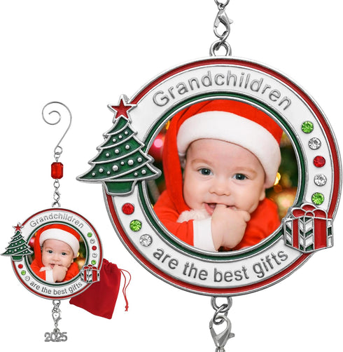 Grandchildren Photo Christmas Ornament - Dated 2025 Charm - Red White Green Enameled Jeweled Accents for Grandparents