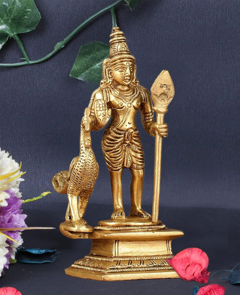 God Murugan Swami Miniature Brass Statue with Peacock, Handcrafted Decor Item for Home, Temple, Gifting, 2.25 x 3 x 4.3