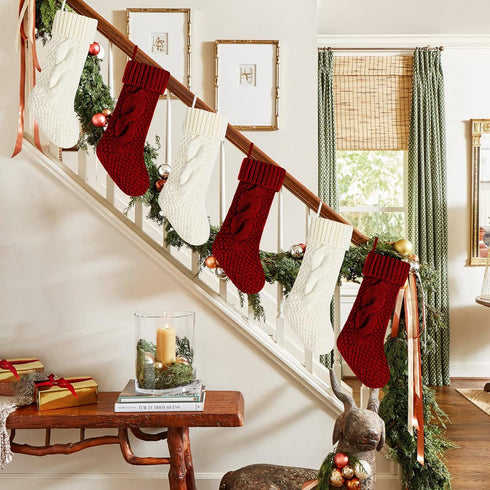 Unique Burgundy and Ivory White Knit Christmas Stockings, Pack of 6, 18"