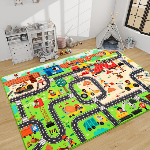 Mfmiudole 59"39.4" Kids Rug Play Mat for Toy Cars, Construction Site Road Traffic for Playroom Kids City Engineering