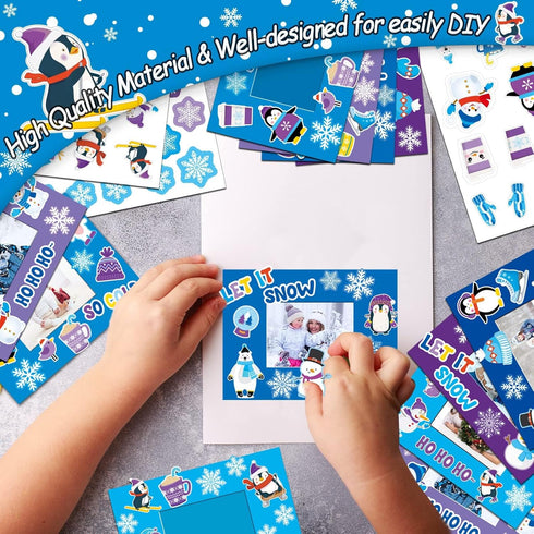 30 Packs Winter Craft Kits for Kids, Holiday DIY Picture Frame Craft Snowflake Penguin Polar Bear Art Party Favor Home
