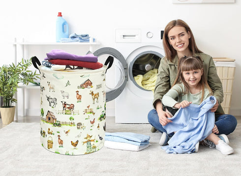 ACMUUNI 19.7 Inch Farm Pattern Round Laundry Clothes Hamper Laundry Basket with Handles,Storage Organizer Bins Laundry