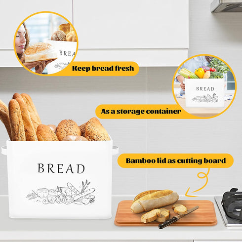 Countertop, 13 7.2 x9.8, E-far Bread Box for Kitchen Metal Bread Storage Container Bin with Bamboo Lid for Cutting