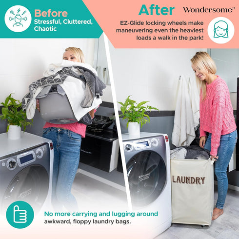 90-Liter Wondersome Laundry Hamper with Wheels - Farmhouse Cream - Extra Large Collapsible Rolling Clothes Cart - Heavy