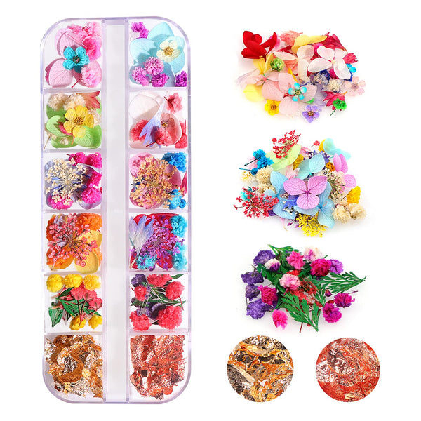Dried Flowers & Foil Nail Art Kit - 108PCS, 33 Colors, 2 Color Foil, Accessories for Resin Molds