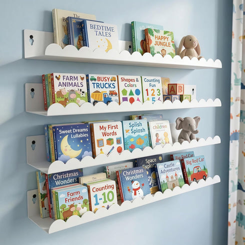 24 Inch Set 4, Nursery Book Shelves of White Metal Floating Shelves for Wall, Scalloped Cloud Book Shelf for Kids Room