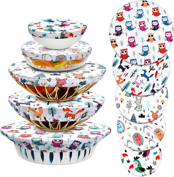 Patelai 10 Pieces Reusable Bowl Covers, 5 Size Stretch Cloth Fabric, Elastic Food Storage Covers for Leftovers