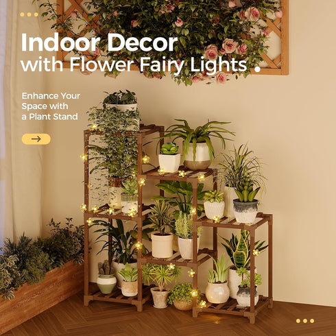 3 7 Bamworld Plant Stand Indoor with Flower Fairy Lights Battery Plant Shelf Wood Plant Rack for Multiple Plants Tiers
