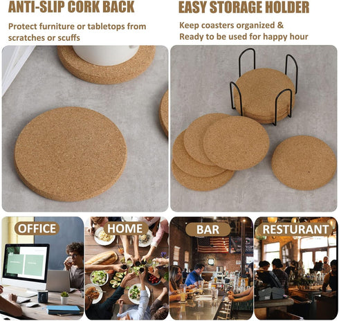 8 Pcs Thicker Cork Drink Coasters with Holder, Absorbent for Coffee Table, Wooden Coaster Set
