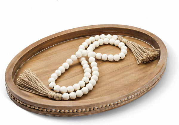 16" x 11.8" Oval Wood Decorative Tray with 58" Bead Garland, Farmhouse