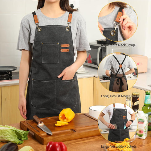 Tosewever Canvas Cross Back Chef Cotton Aprons for Men Women with Large Pockets for Cooking
