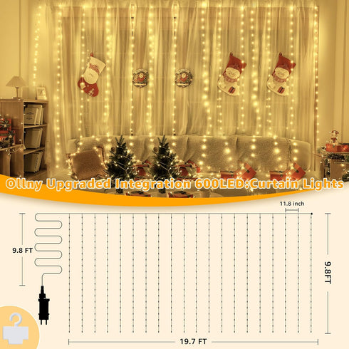 600LED 19.7ft 9.8ft, IP67 8 3 Ollny Curtain Lights x Waterproof Outdoor Curtain Rice Lights with Remote, Plug