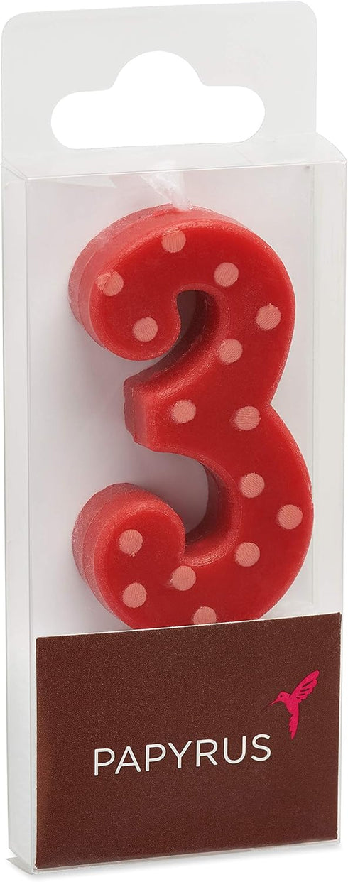 Papyrus Number 3 Birthday Candle, Red Polka Dots, 1-Count
