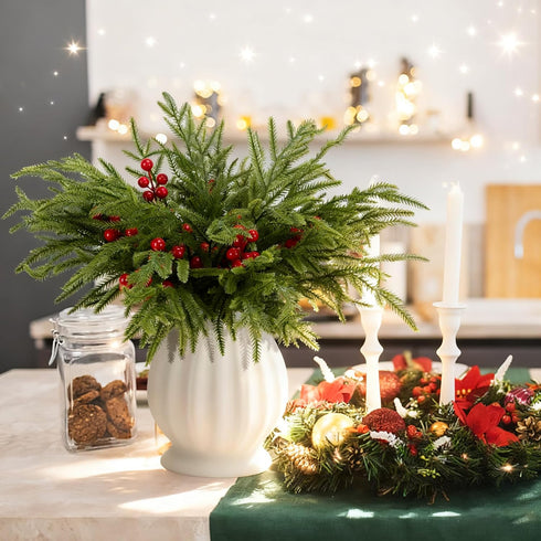 Watayo 60 14" Pcs Christmas Norfolk Pine Branches with Red Berry Stems, Artificial Greenery Norfolk Pine Stems Sprigs