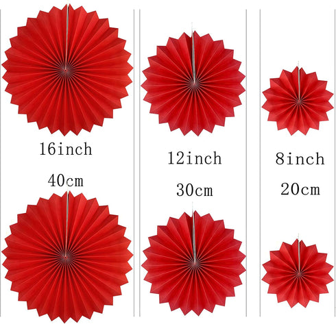 Red and Gold Hanging Paper Fans - 12pc Wedding Anniversary Bachelorette Birthday Graduation Party Decorations