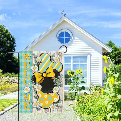 Welcome Spring Decorative Garden Flag, Daisy Flower Yellow Teal Plaid Stripes for Outdoor Home Decor