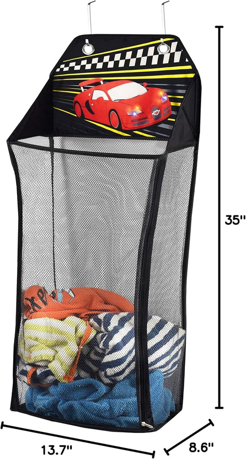 Store&Score Over The Door Hanging Kids LED Race Car Light-Up Laundry Hamper, Toy Chest, Metal Hooks